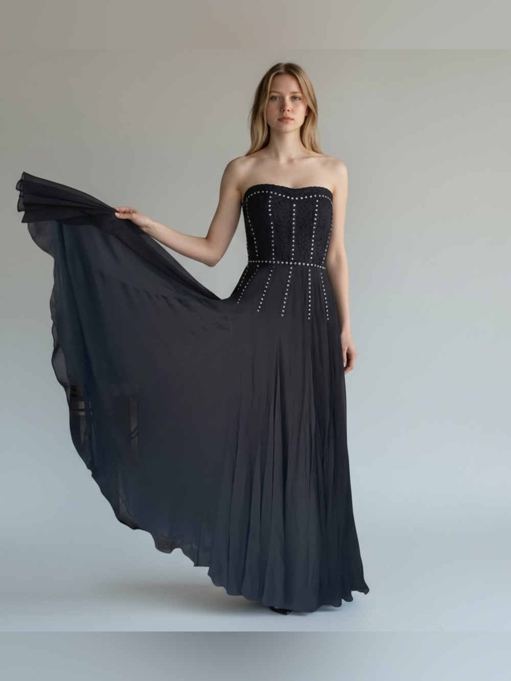 Rebeca Taylor Black Silk night gown wimsigoth gotic Strapless Dress Studded